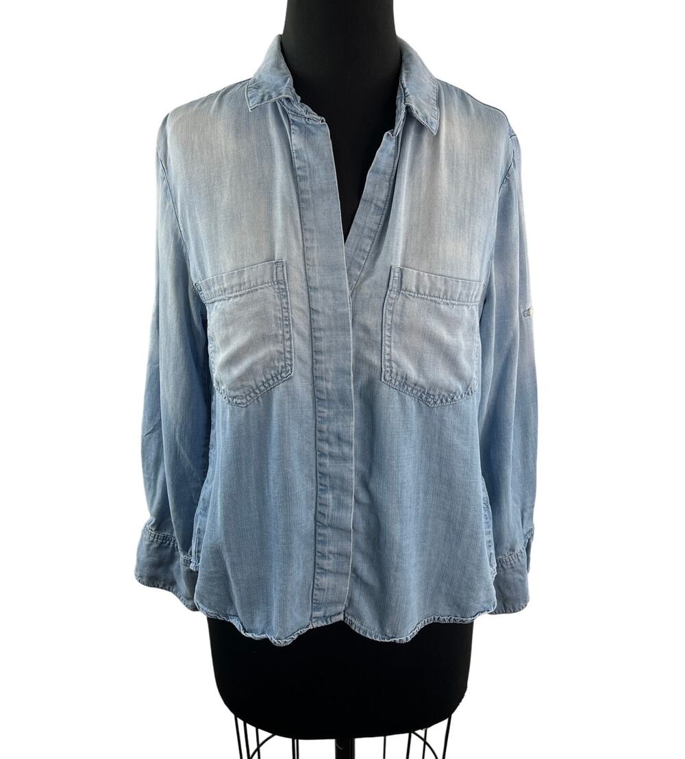 Bella Dahl Blue Top Denim Collared Split Back Roll Tab Sleeve Button-Up Small S